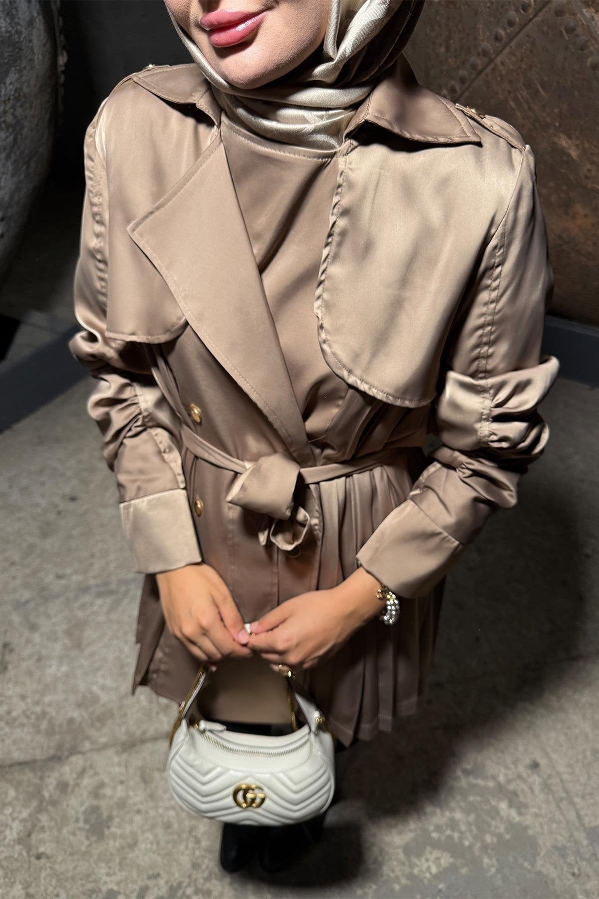 Satin Jacket with Ruched Sleeves and Back Pleats