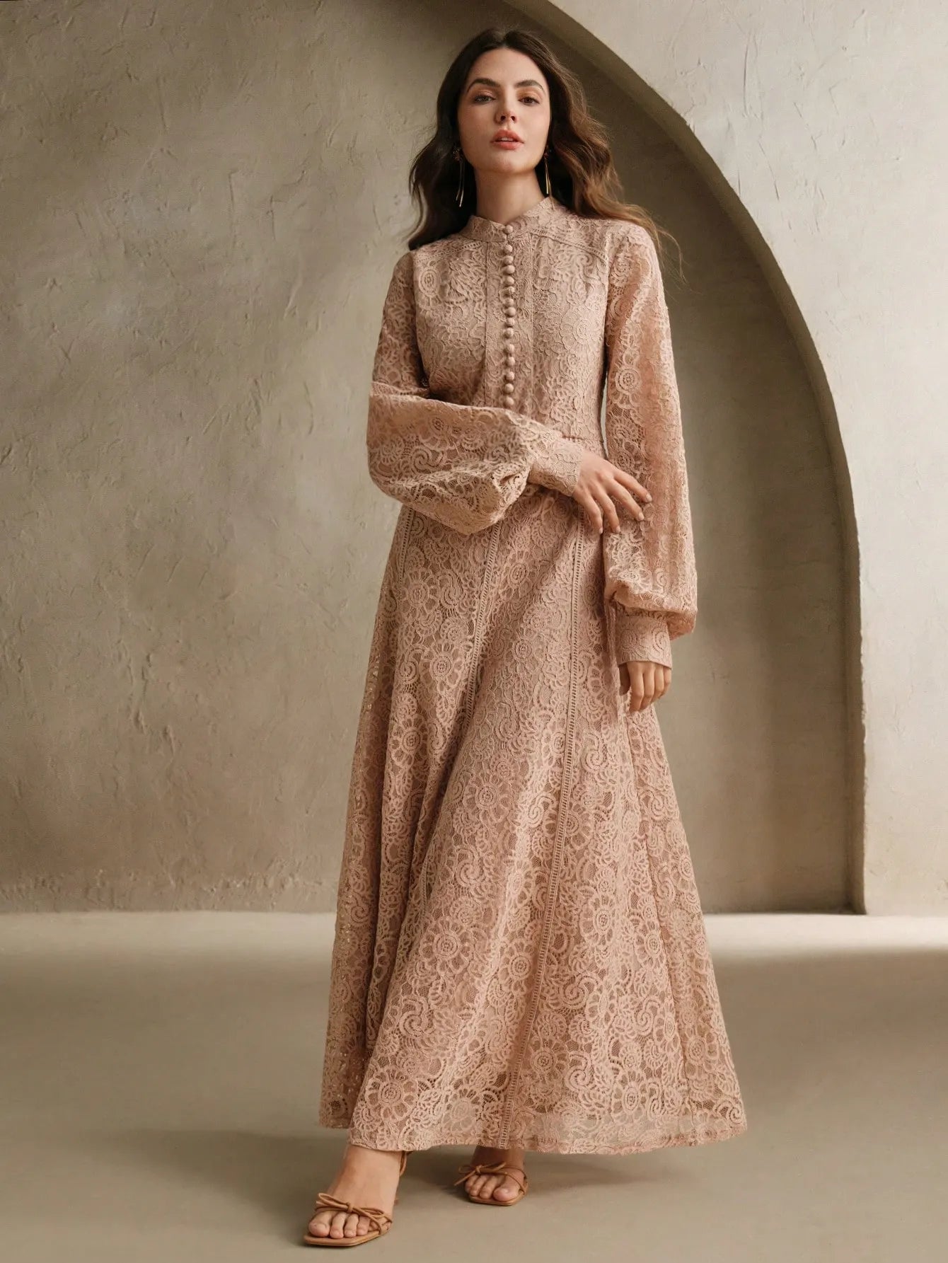 Long‑Sleeve Rose Lace Maxi Dress – Soft Pink