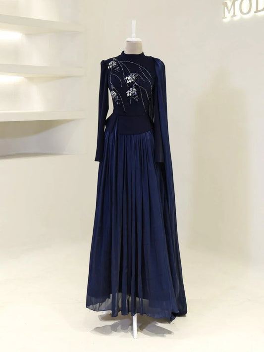 Beaded Embellished Maxi Evening Dress for Formal Events - Navy Blue