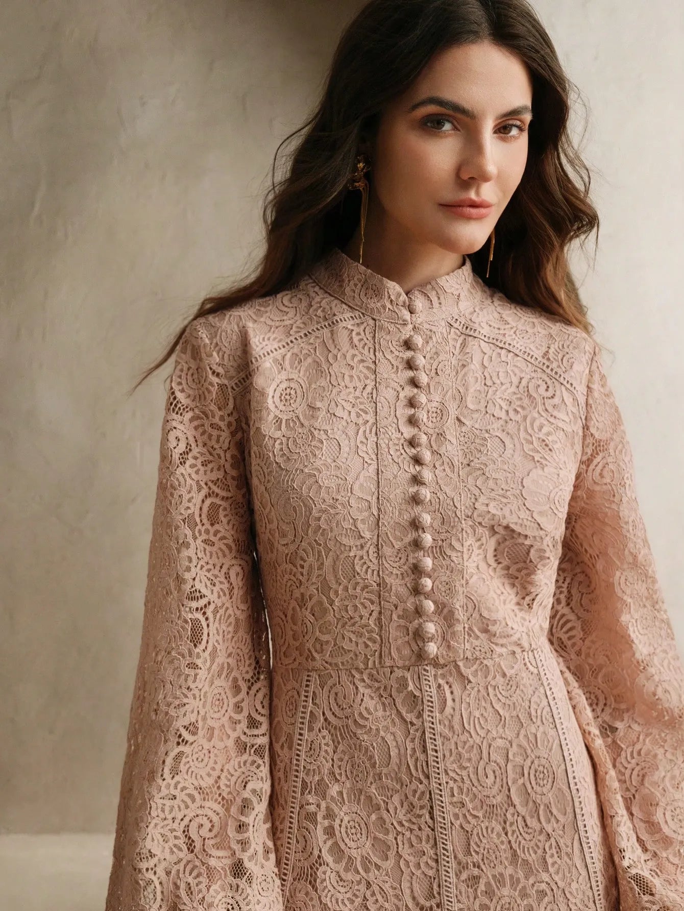 Long‑Sleeve Rose Lace Maxi Dress – Soft Pink