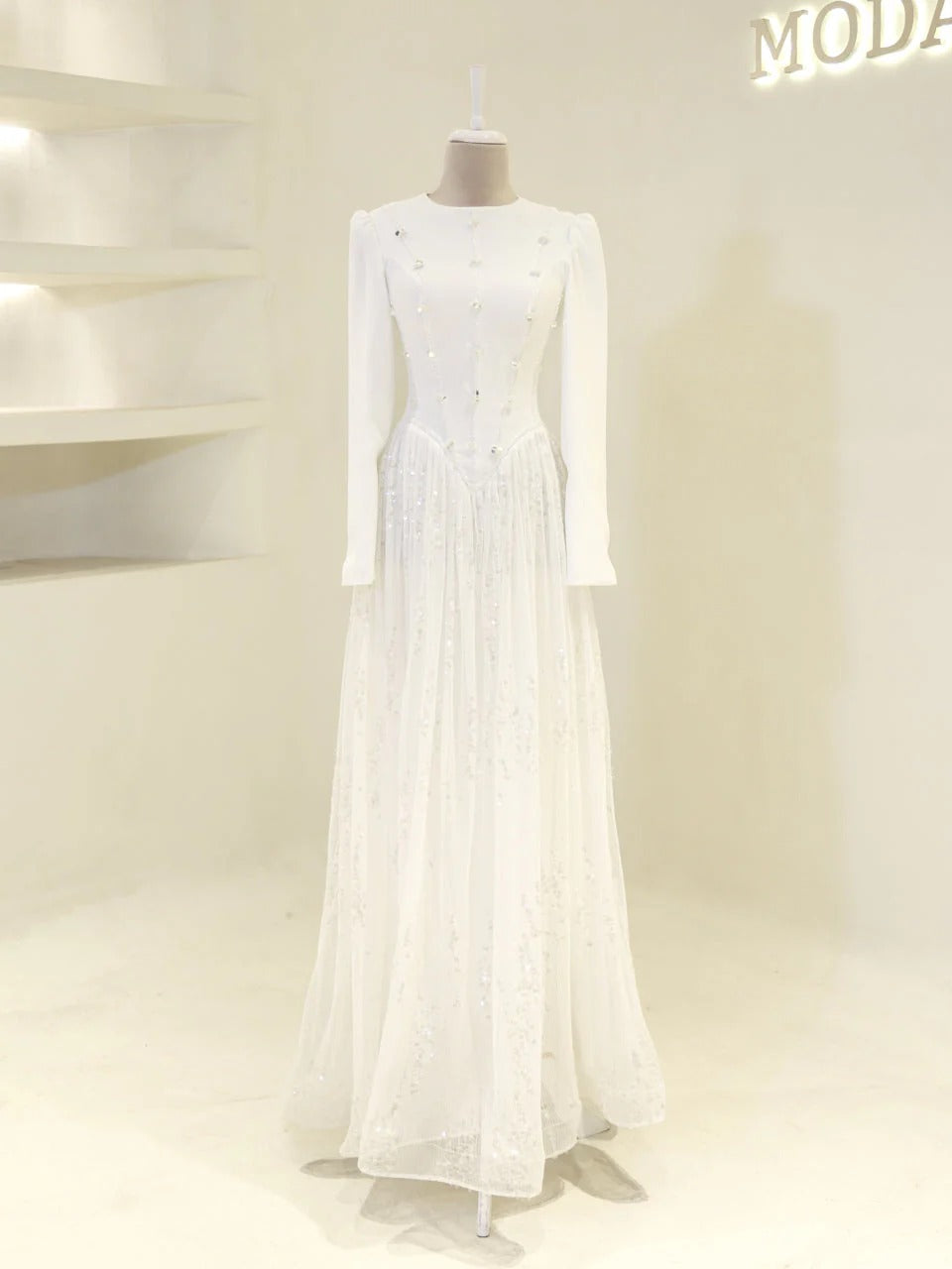 Nada Satin and Tulle Modest Evening Dress -White
