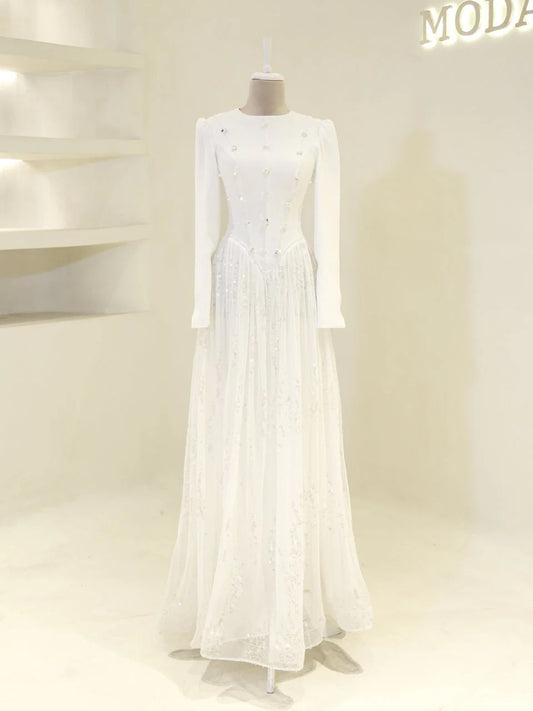 Nada Satin and Tulle Modest Evening Dress -White