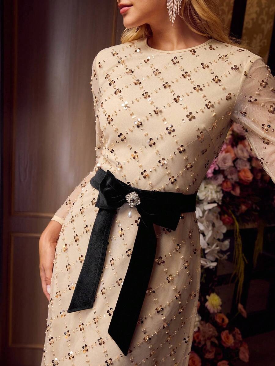 Soiré Mesh & Sequin Overlay Cocktail Dress with Bow Waist