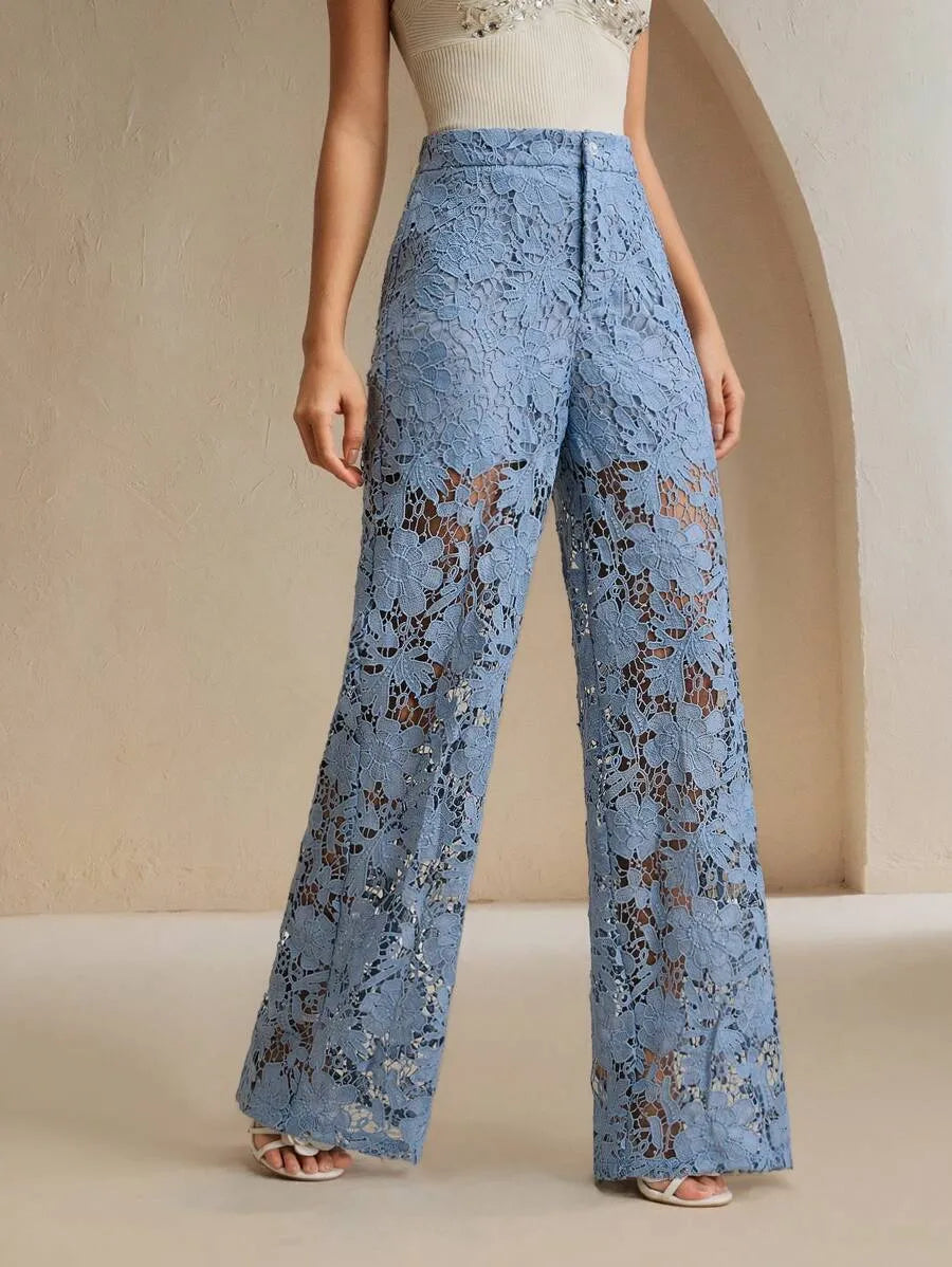 Floral Lace Cutout Straight‑Leg Pants