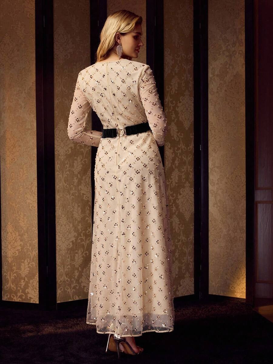 Soiré Mesh & Sequin Overlay Cocktail Dress with Bow Waist