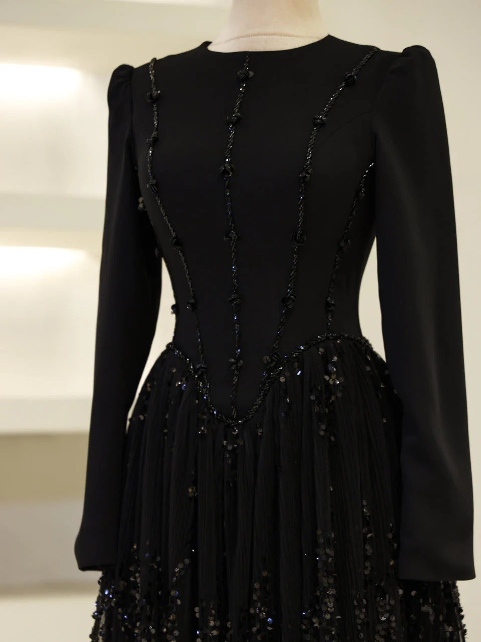 Nada Satin and Tulle Modest Evening Dress -Black