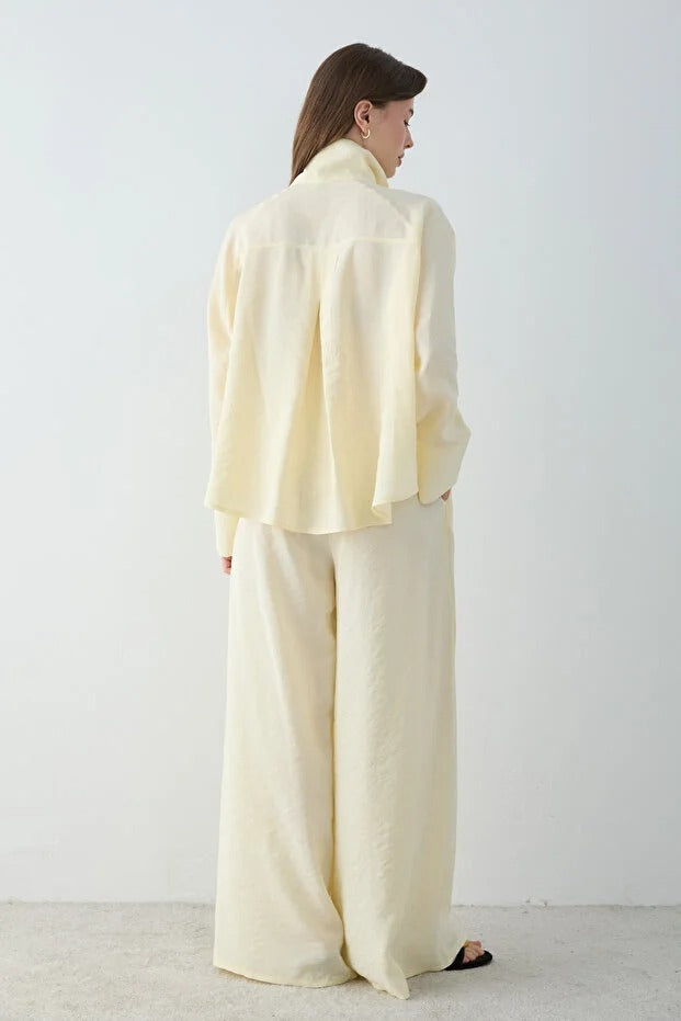 Yellow 100% Cotton Mock-Neck Shirt & Wide-Leg Pants Co-ord Set