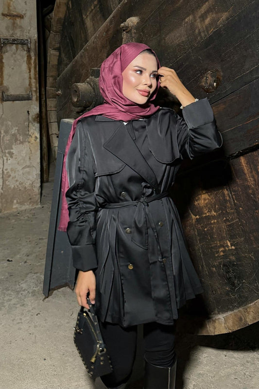Black Satin Jacket with Ruched Sleeves and Back Pleats