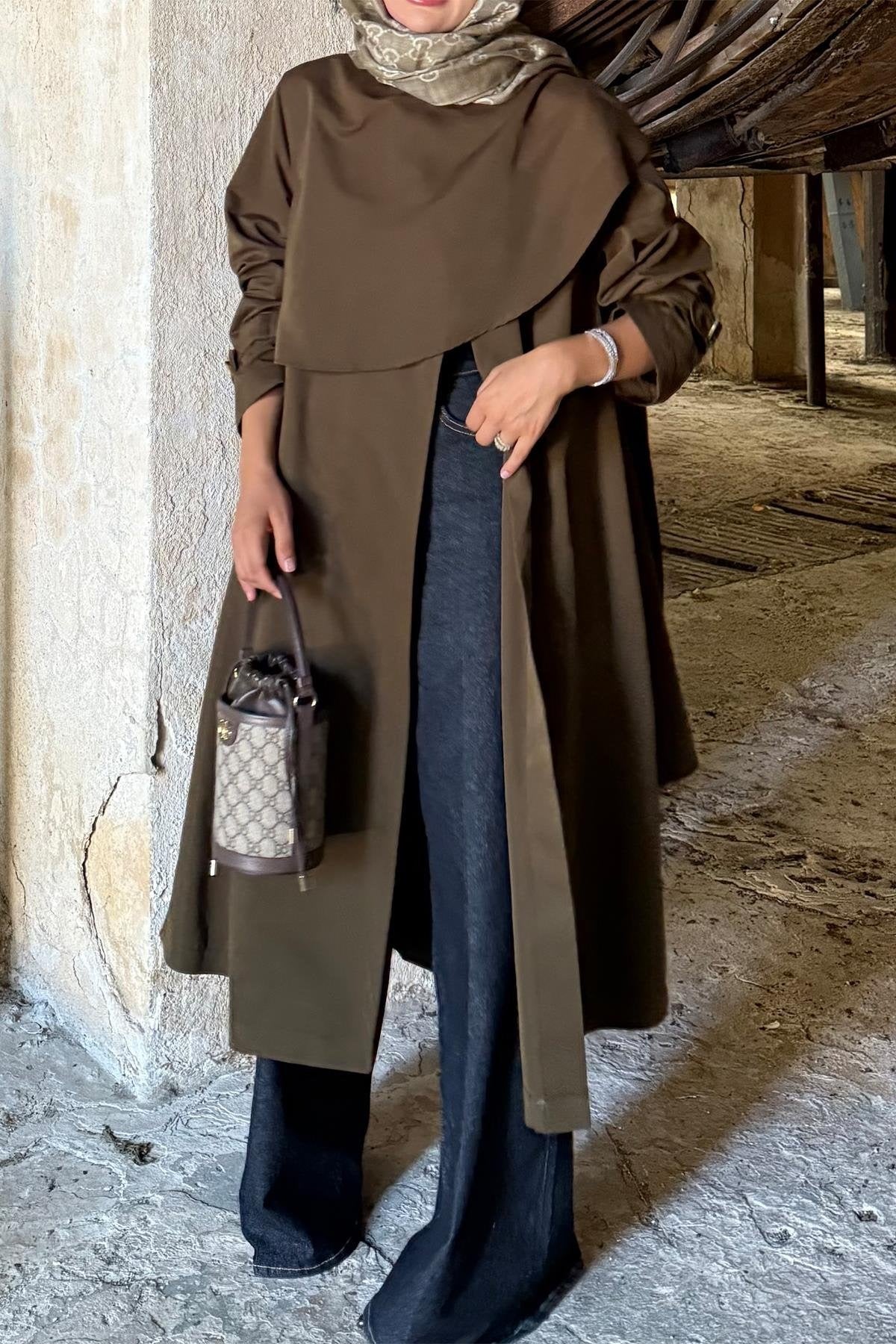 Brooch Detailed Shawl Collar Trenchcoat - Khaki
