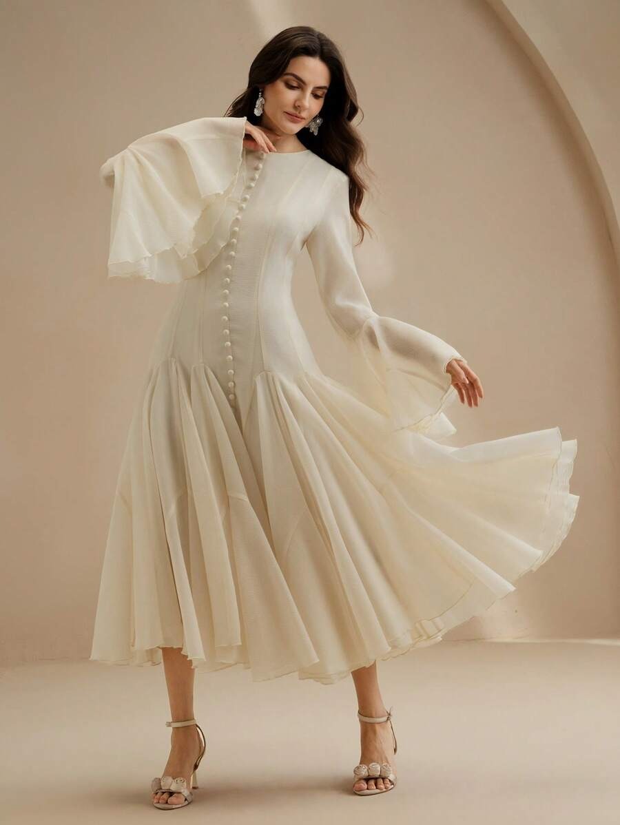 White Long‑Sleeve Flared Midi Dress with Button Flare Sleeves