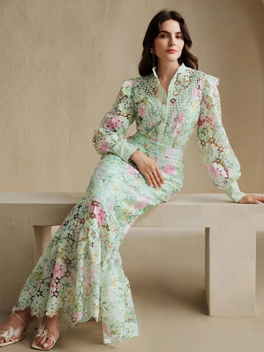 Elegant Lace Hollow Ruched Fishtail Hem Skirt