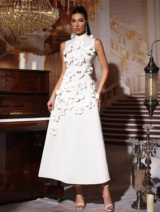 3D Floral High-Collar Sleeveless Gown with Butterfly Ribbon