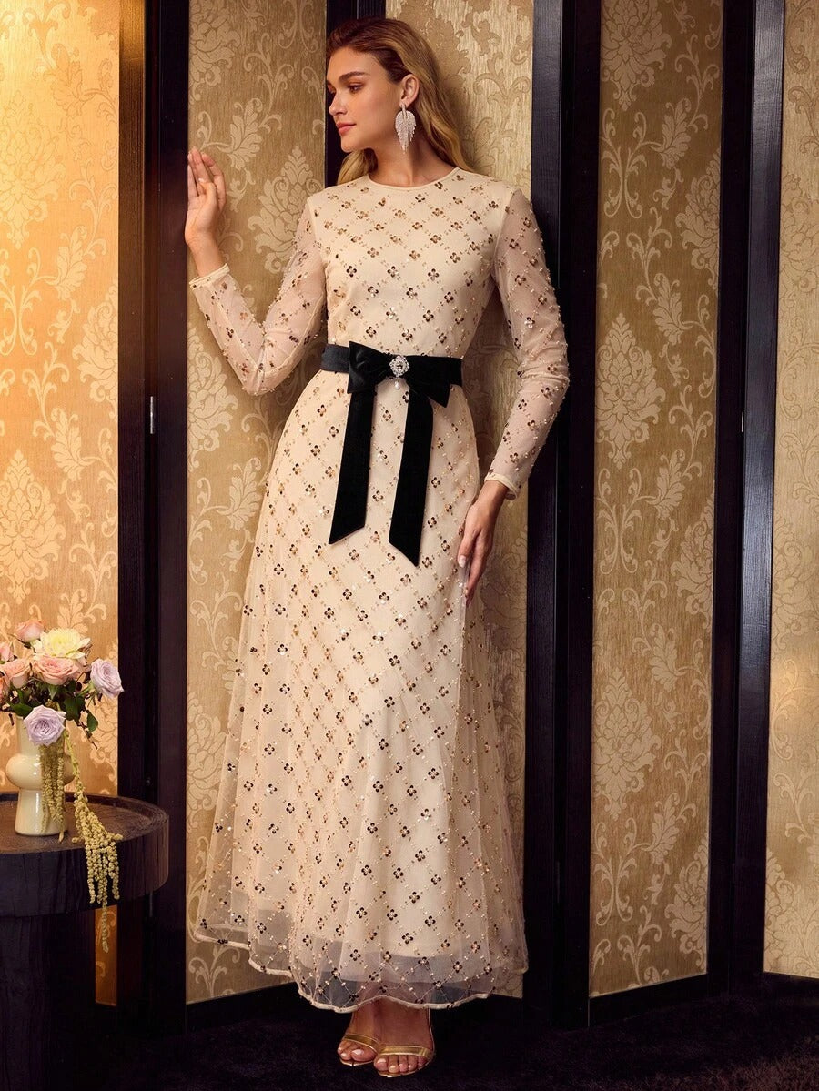 Soiré Mesh & Sequin Overlay Cocktail Dress with Bow Waist