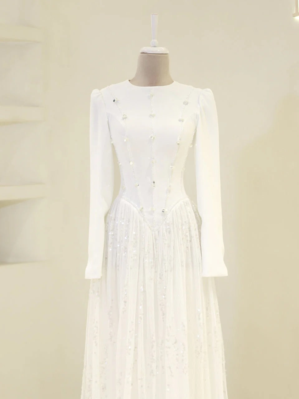 Nada Satin and Tulle Modest Evening Dress -White