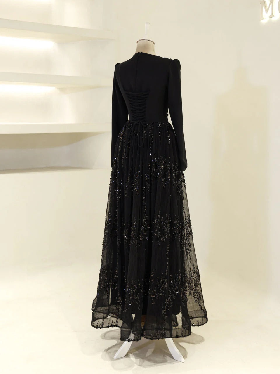 Nada Satin and Tulle Modest Evening Dress -Black