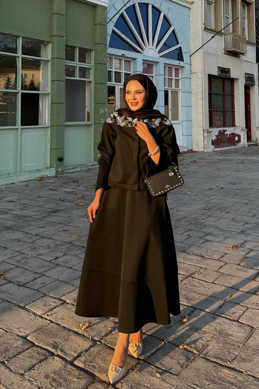 Black Scuba Skirt Co-Ord with Stone-Embellished Neckline