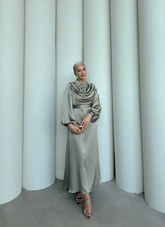 Silky Satin Cowl Neck Taupe Maxi Evening Dress