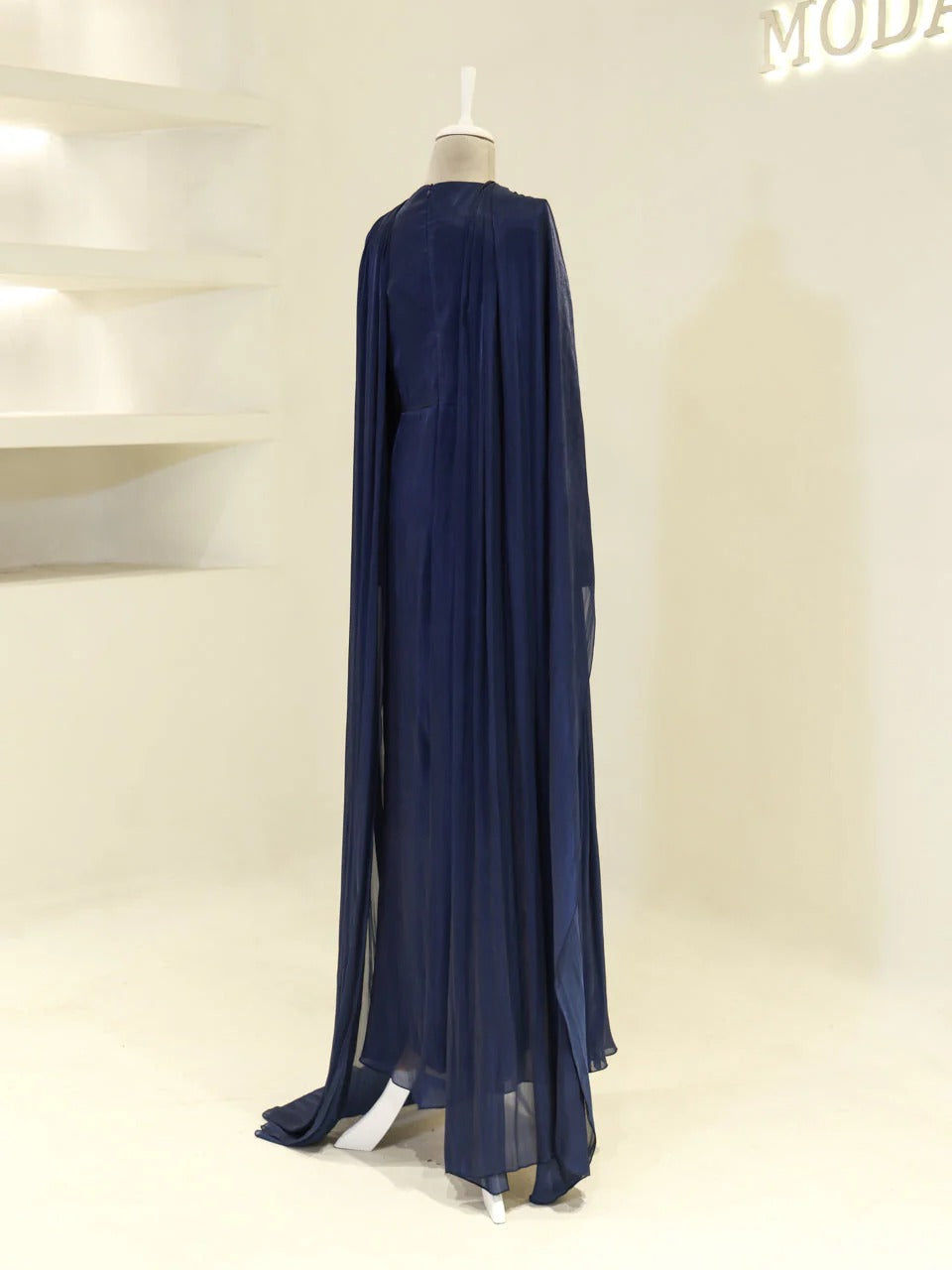 Orchid Fabric Flare Modest Evening Dress - Navy Blue
