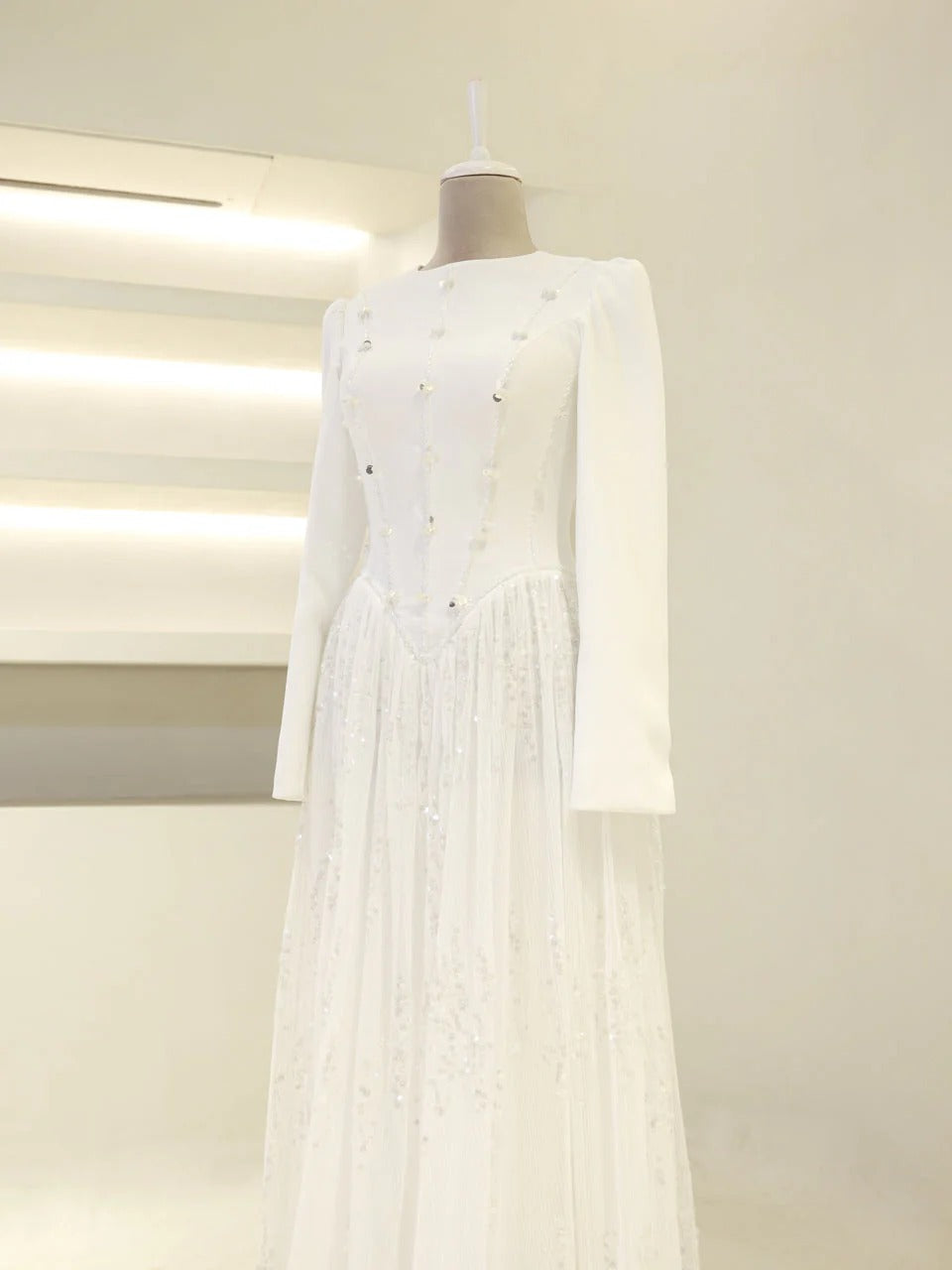 Nada Satin and Tulle Modest Evening Dress -White