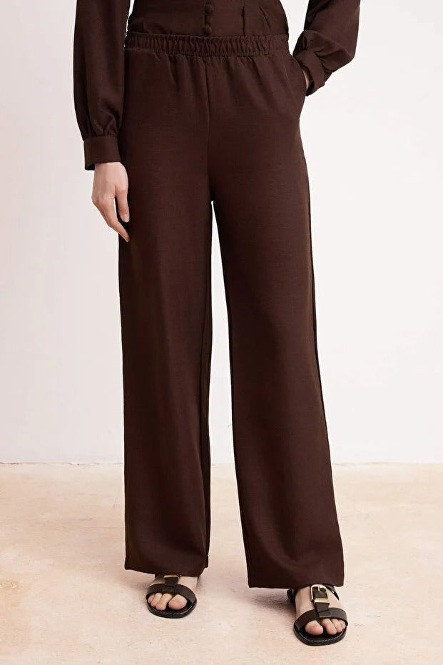 Brown Linen-Look Mandarin Blouse & Wide-Leg Trouser Co-ord Set