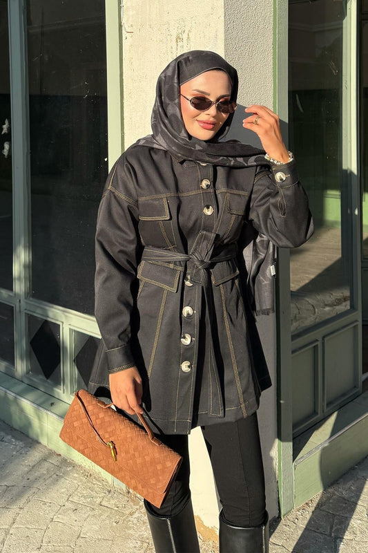 Black Jacket with Tailored Waist & Stitch Detail