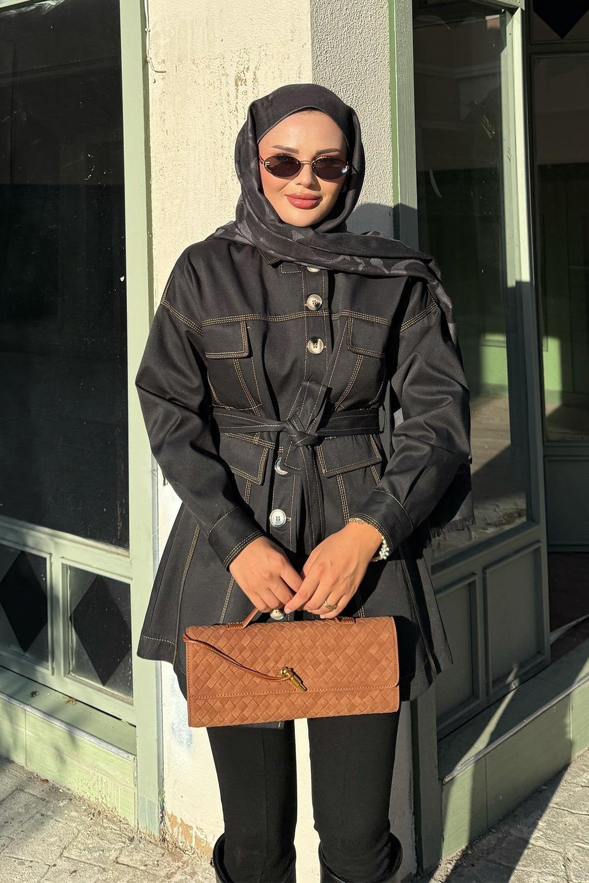 Black Jacket with Tailored Waist & Stitch Detail