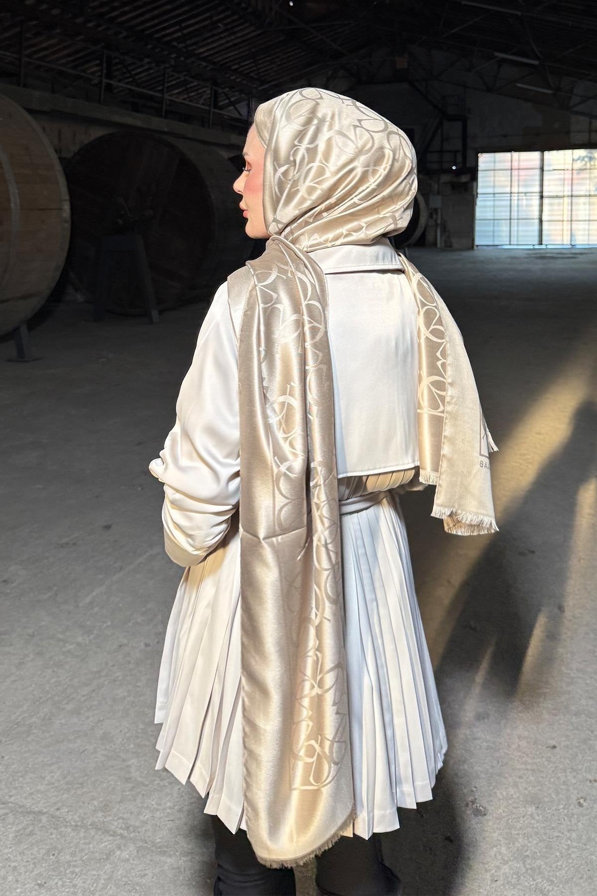 Beige Satin Jacket with Ruched Sleeves and Back Pleats