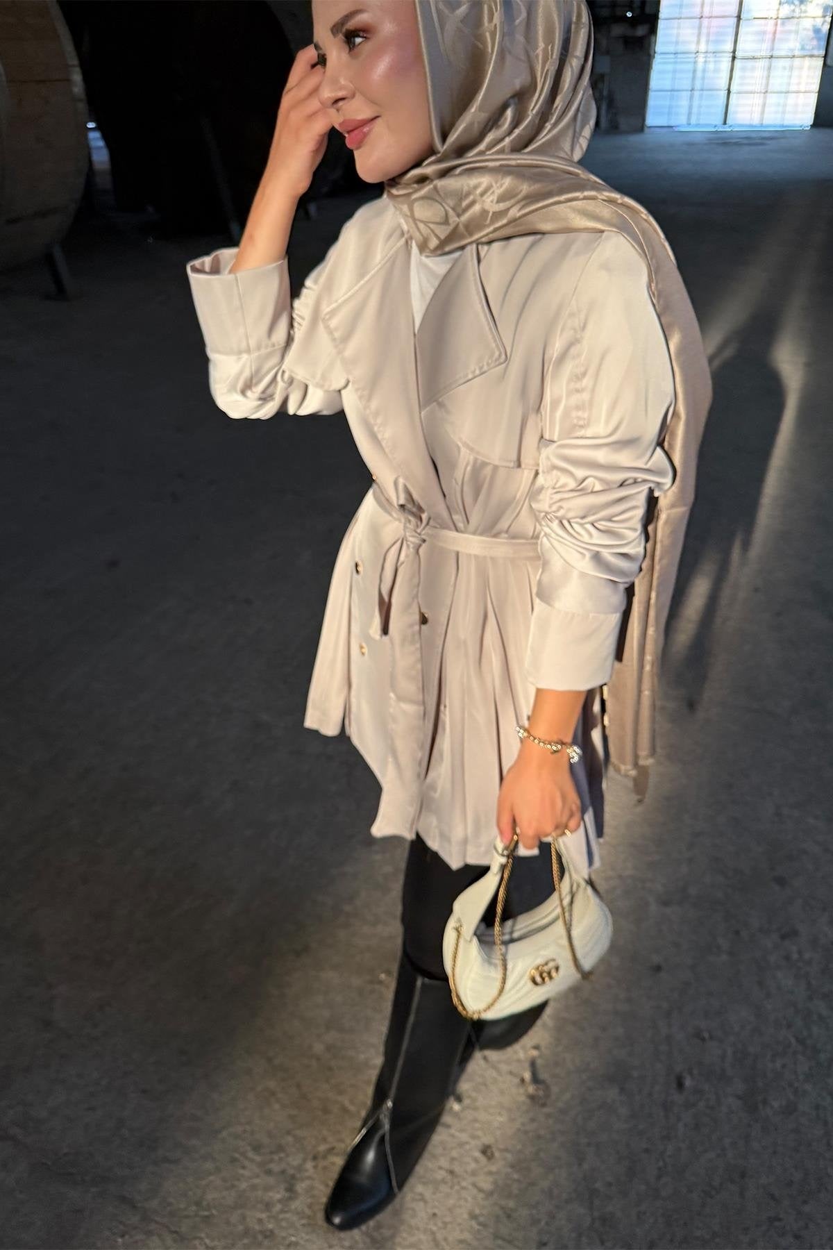 Beige Satin Jacket with Ruched Sleeves and Back Pleats