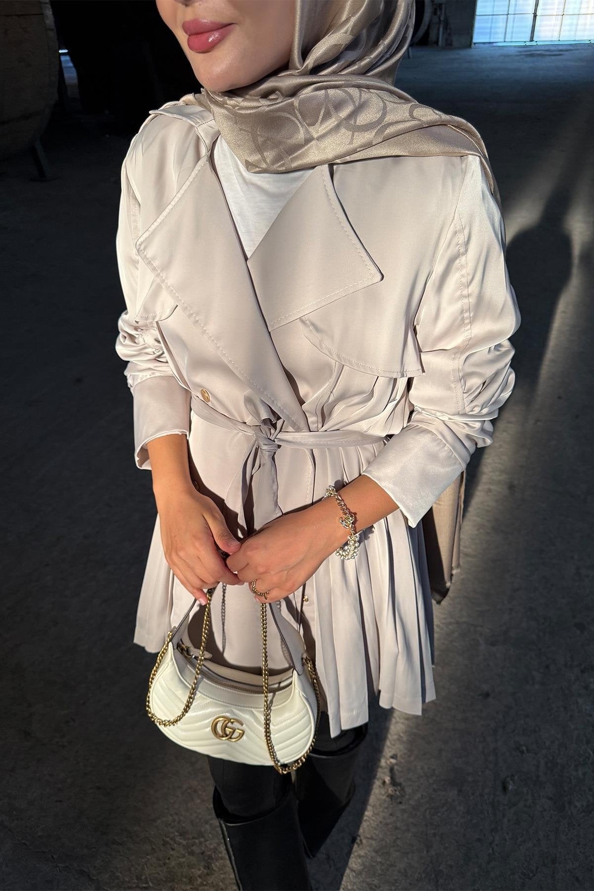 Beige Satin Jacket with Ruched Sleeves and Back Pleats