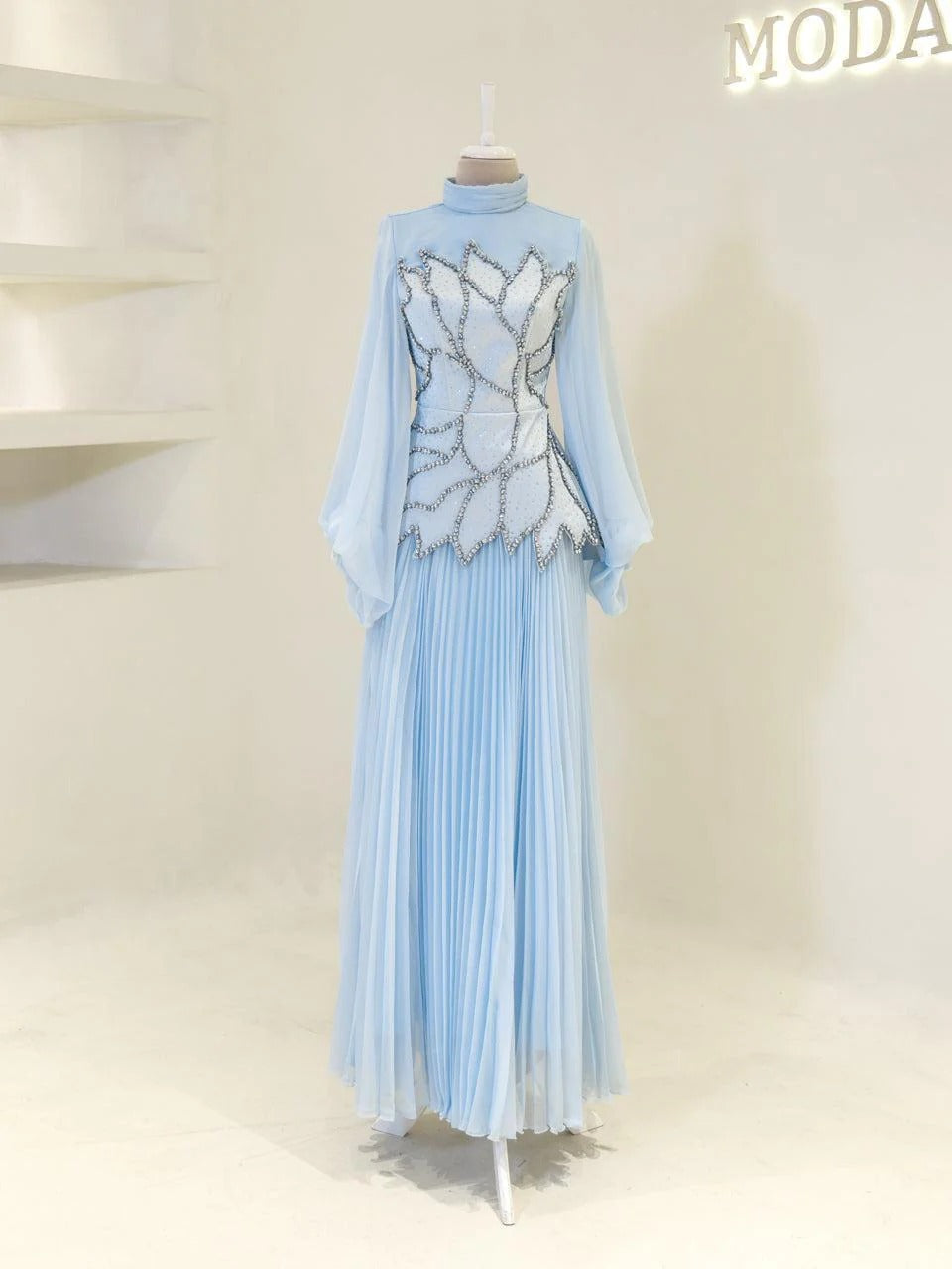 Bloomsbury Chiffon & Satin Evening Dress - Baby Blue
