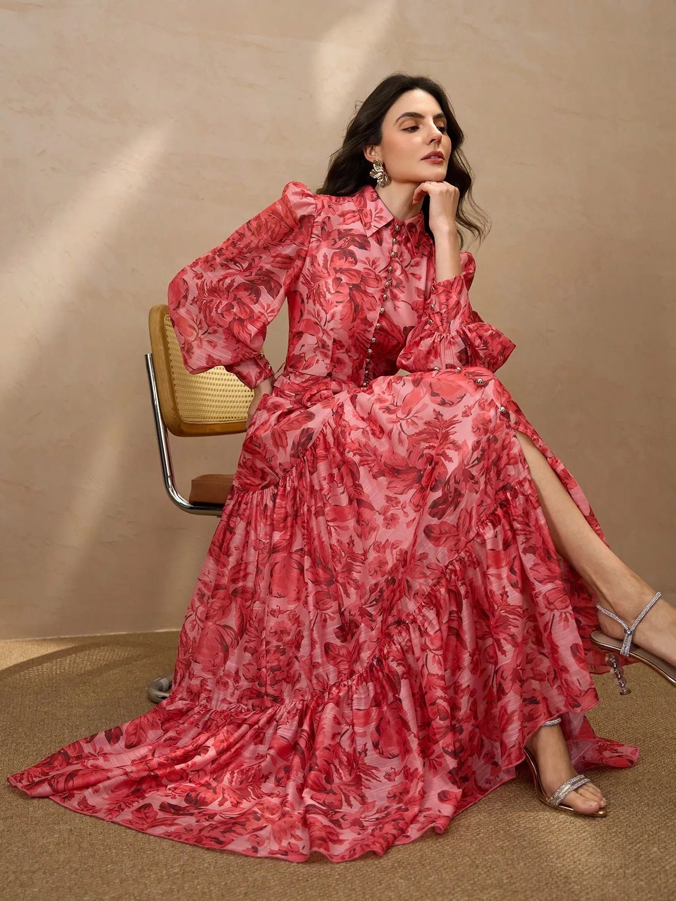 Vintage Printed Layered Button-Decor Skirt Dress