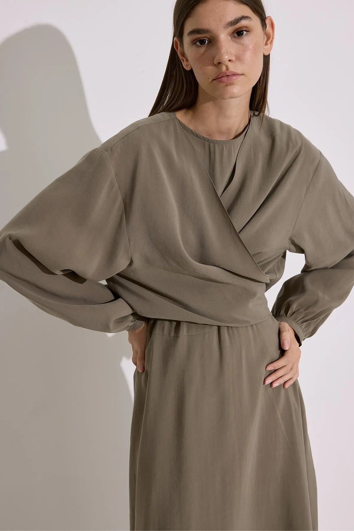 Elegant Draped Modal Wrap Dress – Khaki