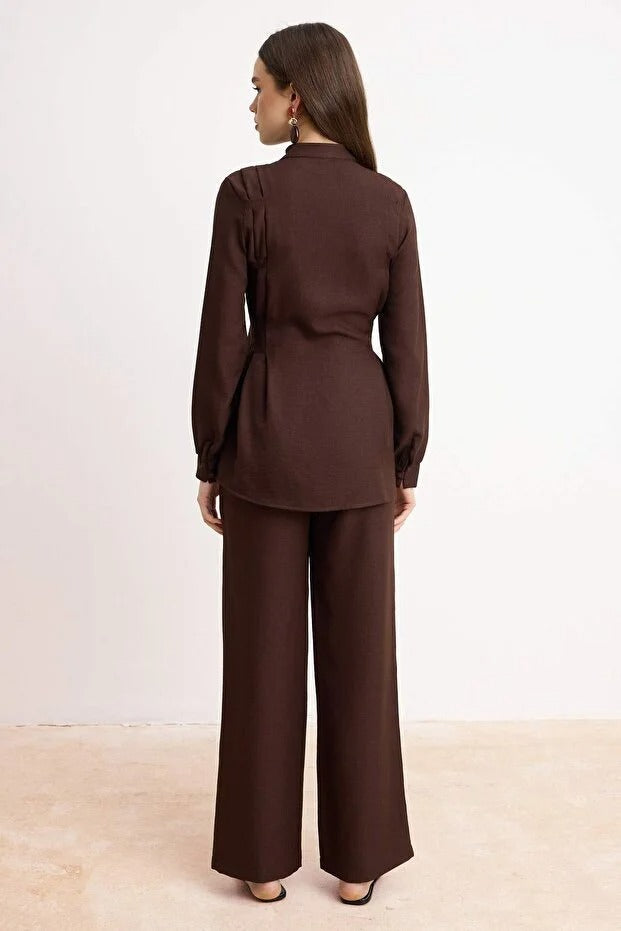 Brown Linen-Look Mandarin Blouse & Wide-Leg Trouser Co-ord Set