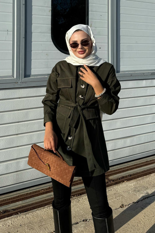 Khaki Jacket with Tailored Waist & Stitch Detail