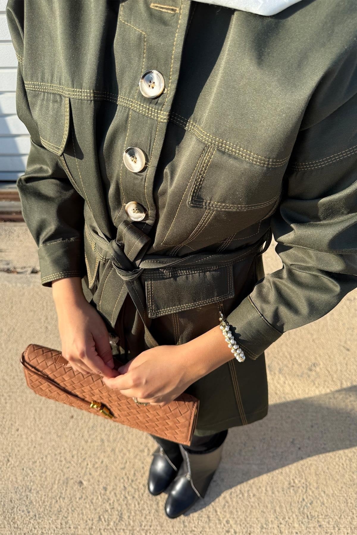 Khaki Jacket with Tailored Waist & Stitch Detail