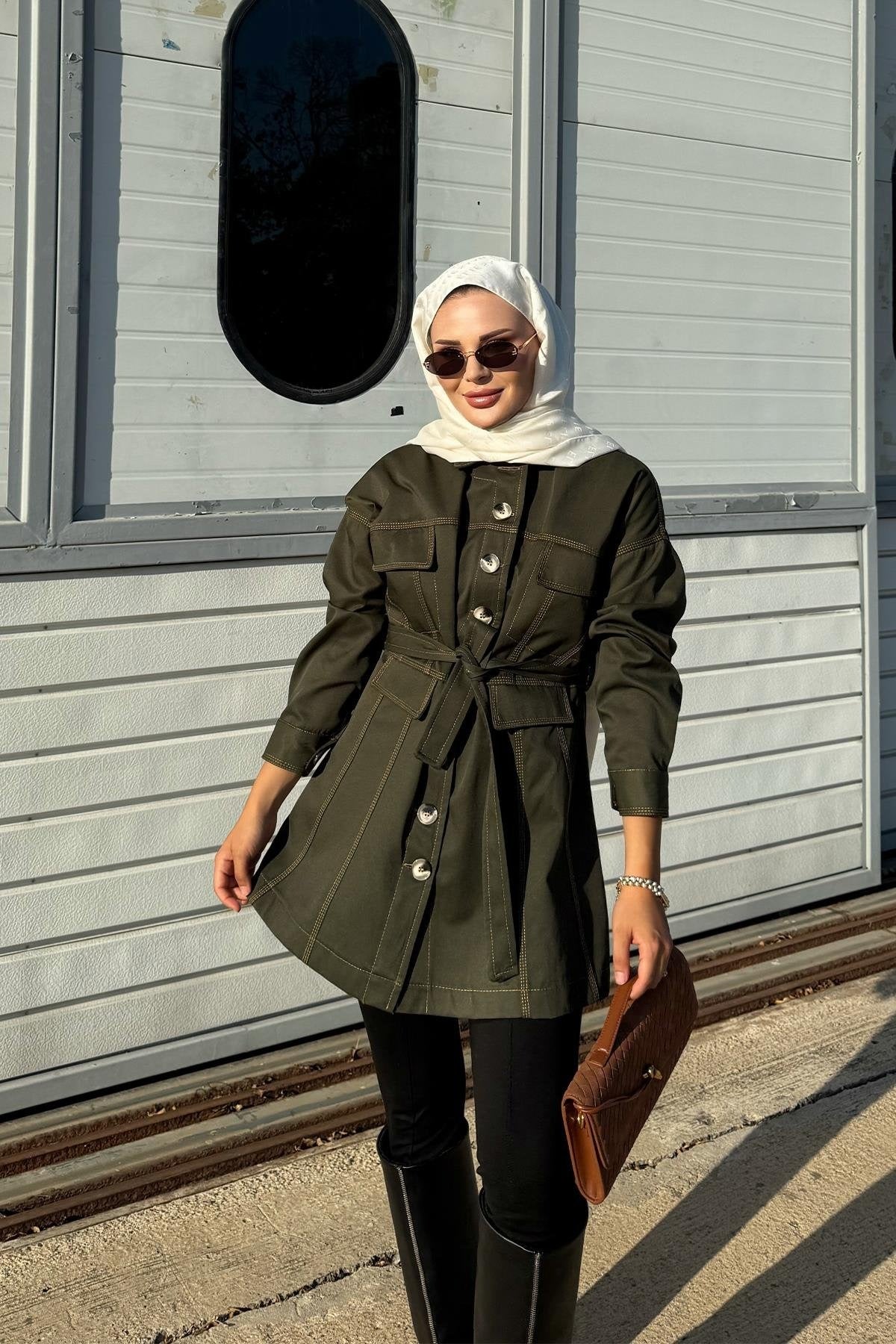 Khaki Jacket with Tailored Waist & Stitch Detail