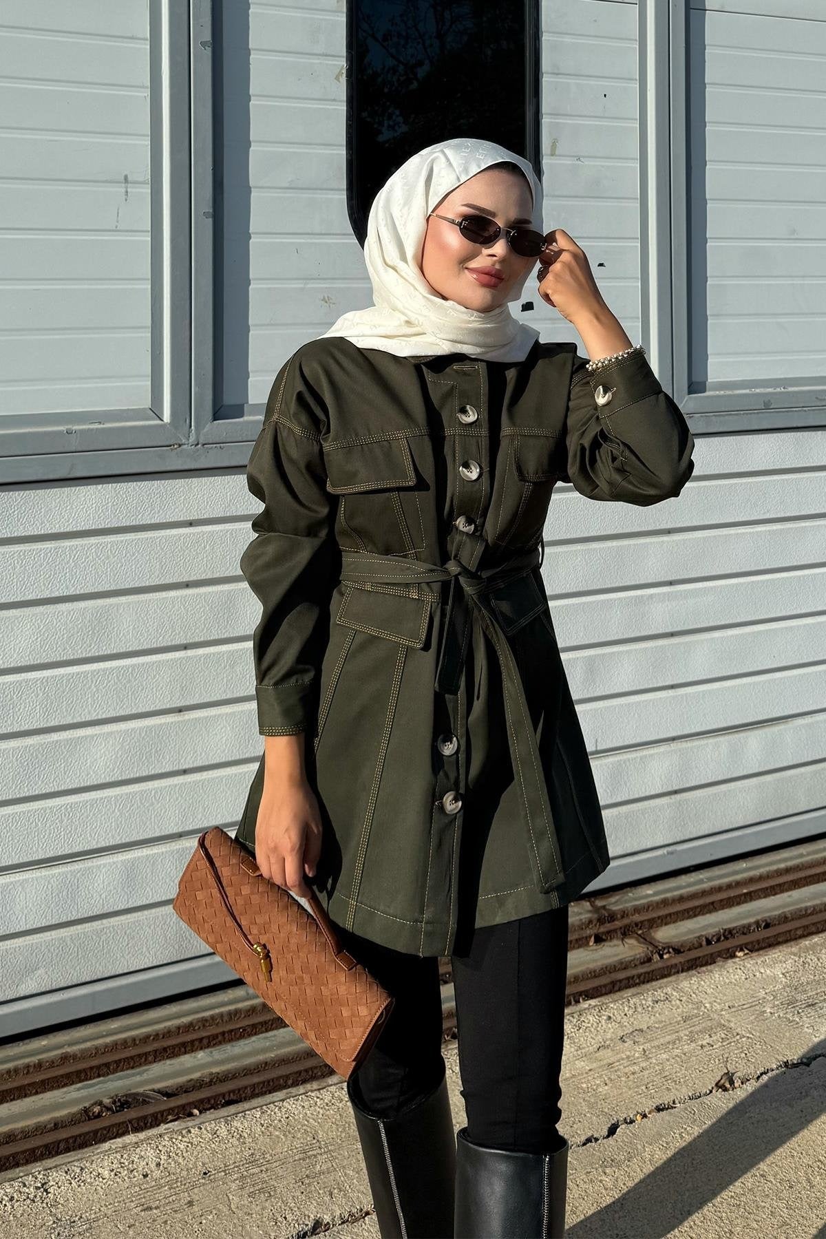 Khaki Jacket with Tailored Waist & Stitch Detail