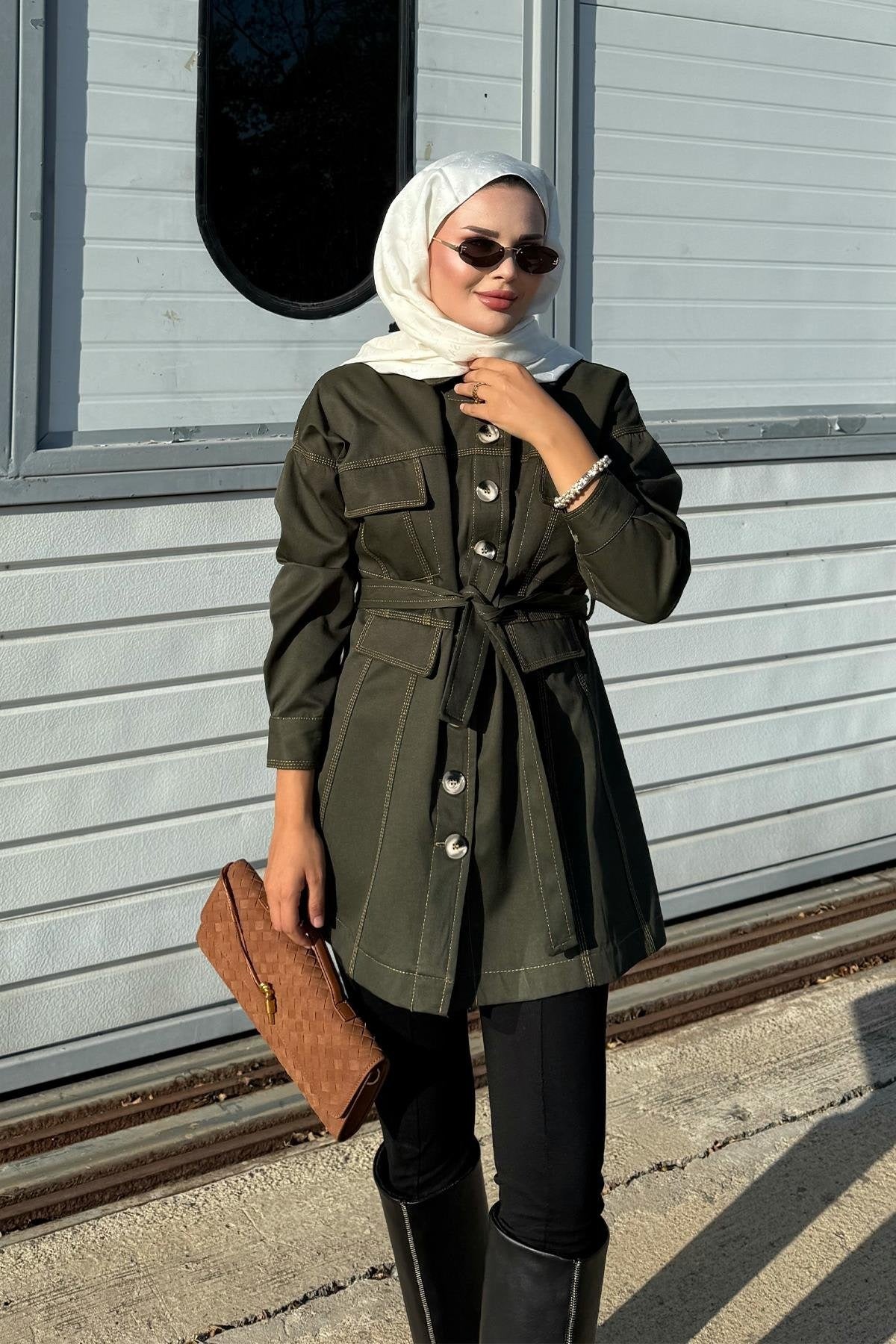 Khaki Jacket with Tailored Waist & Stitch Detail