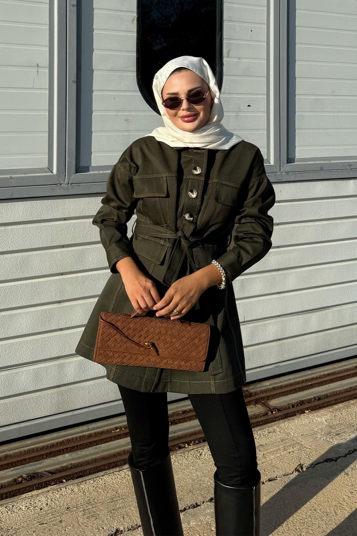 Khaki Jacket with Tailored Waist & Stitch Detail