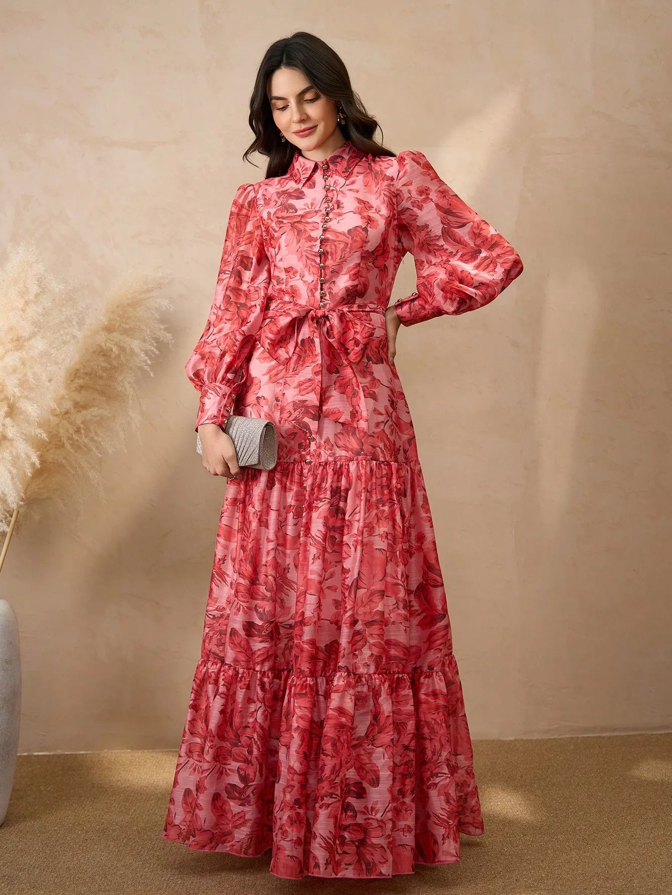 Vintage Printed Layered Button-Decor Skirt Dress