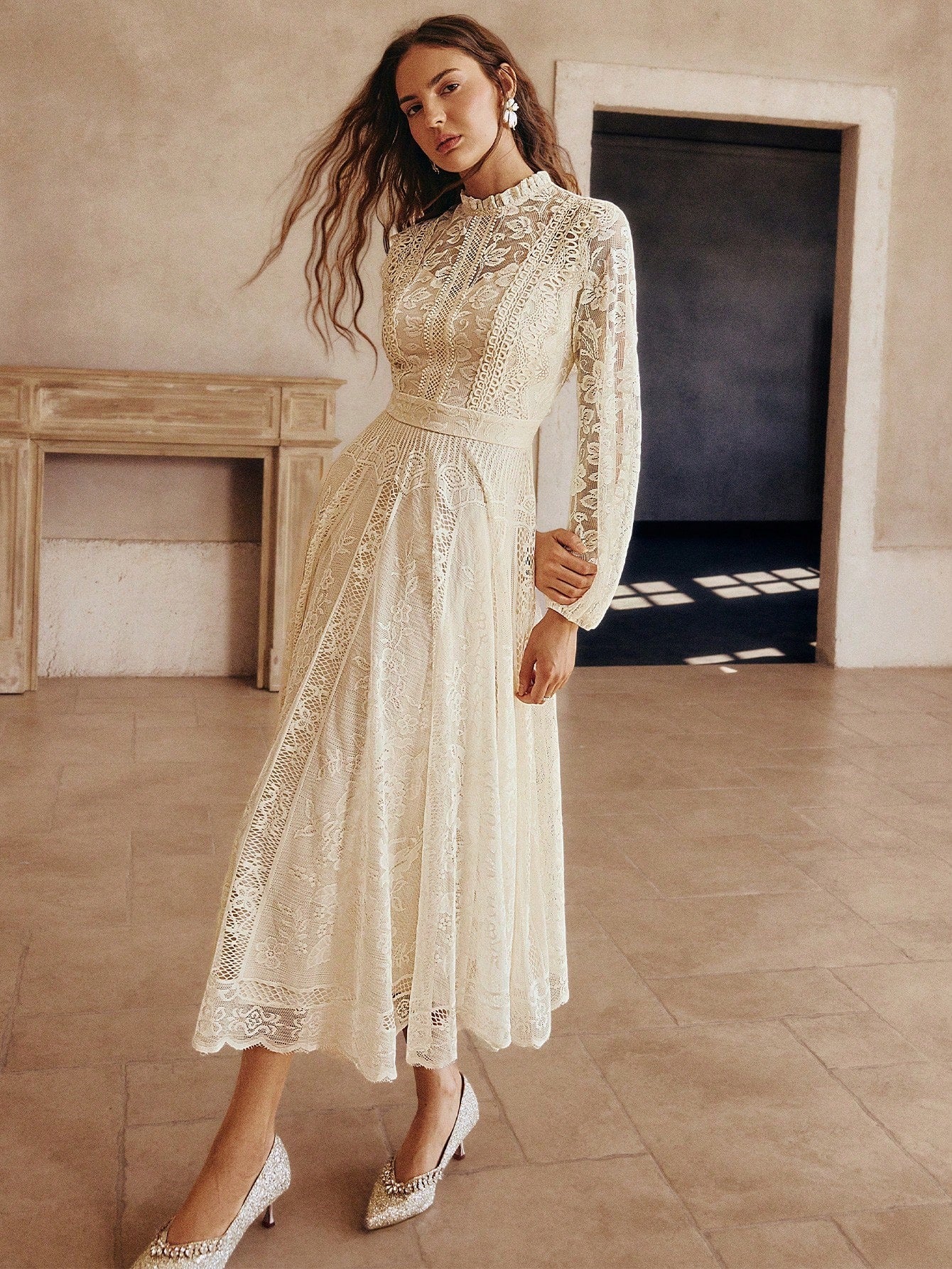 Simplee Long-Sleeve Lace Dress with Flared Hem