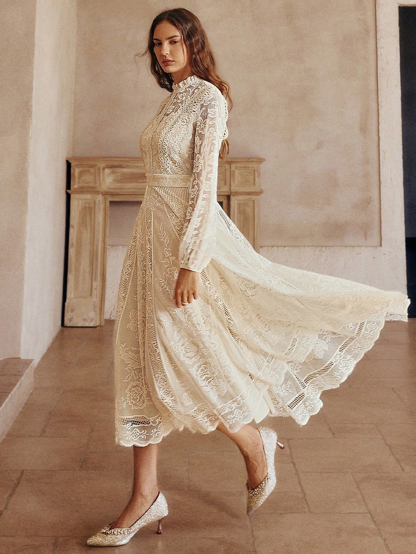 Simplee Long-Sleeve Lace Dress with Flared Hem