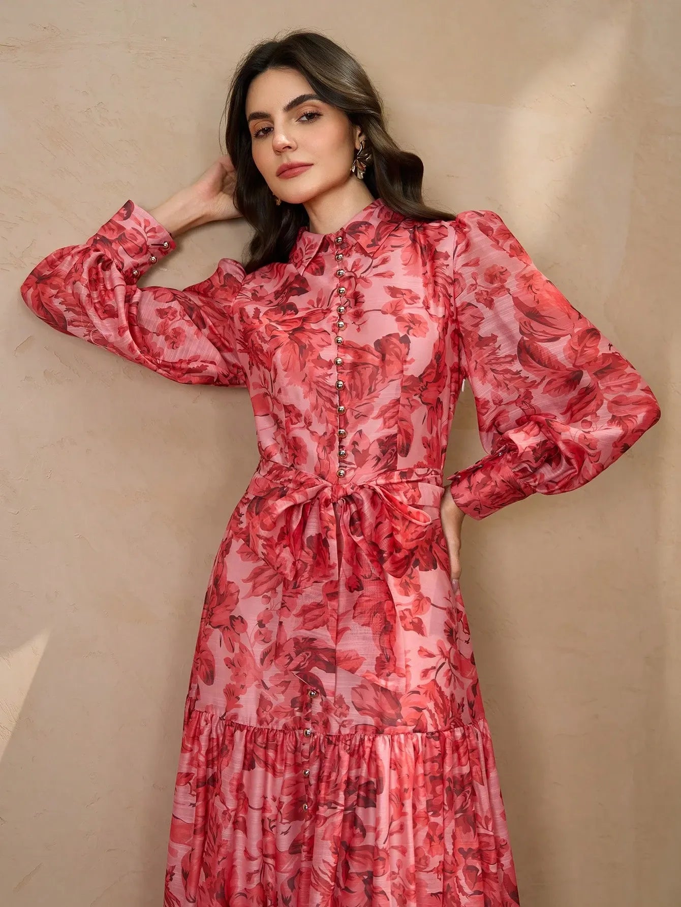 Vintage Printed Layered Button-Decor Skirt Dress