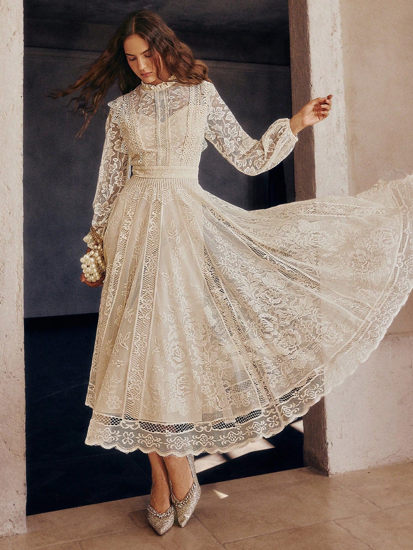 Simplee Long-Sleeve Lace Dress with Flared Hem