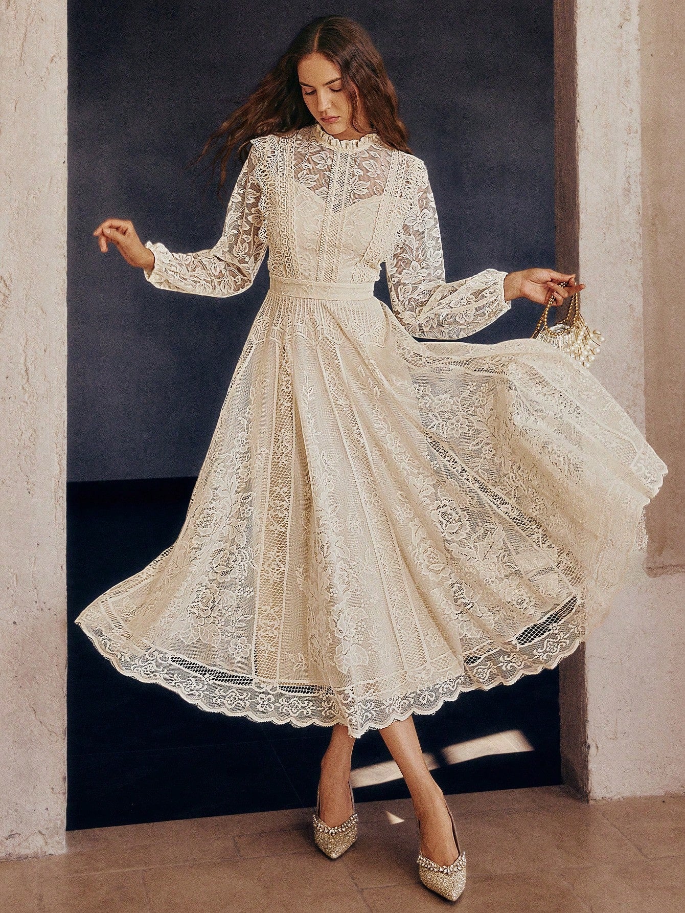 Simplee Long-Sleeve Lace Dress with Flared Hem