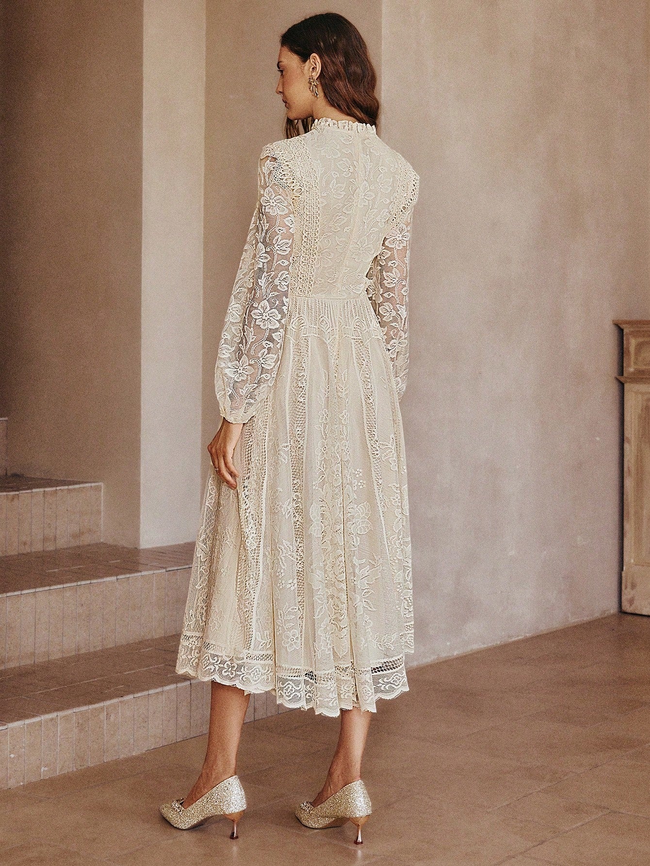 Simplee Long-Sleeve Lace Dress with Flared Hem