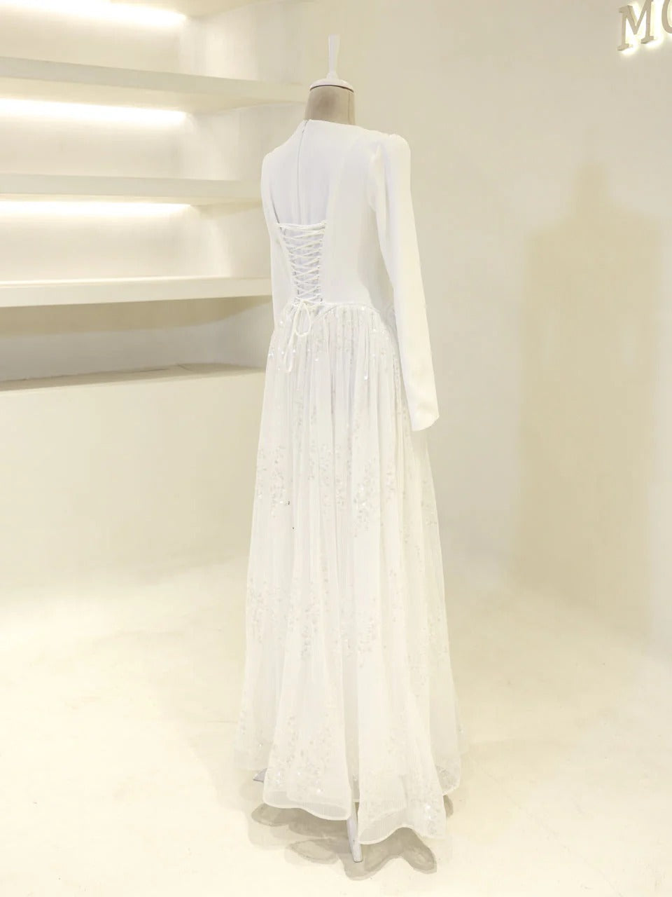 Nada Satin and Tulle Modest Evening Dress -White
