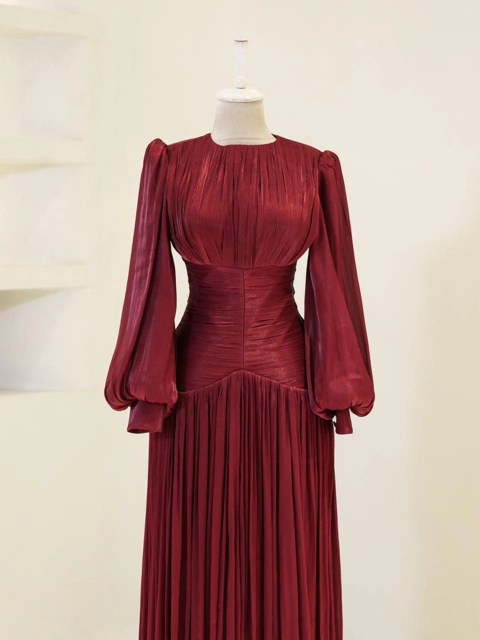 Shimmering Orchid Modest Evening Dress - Flare Pleated Gown - Red