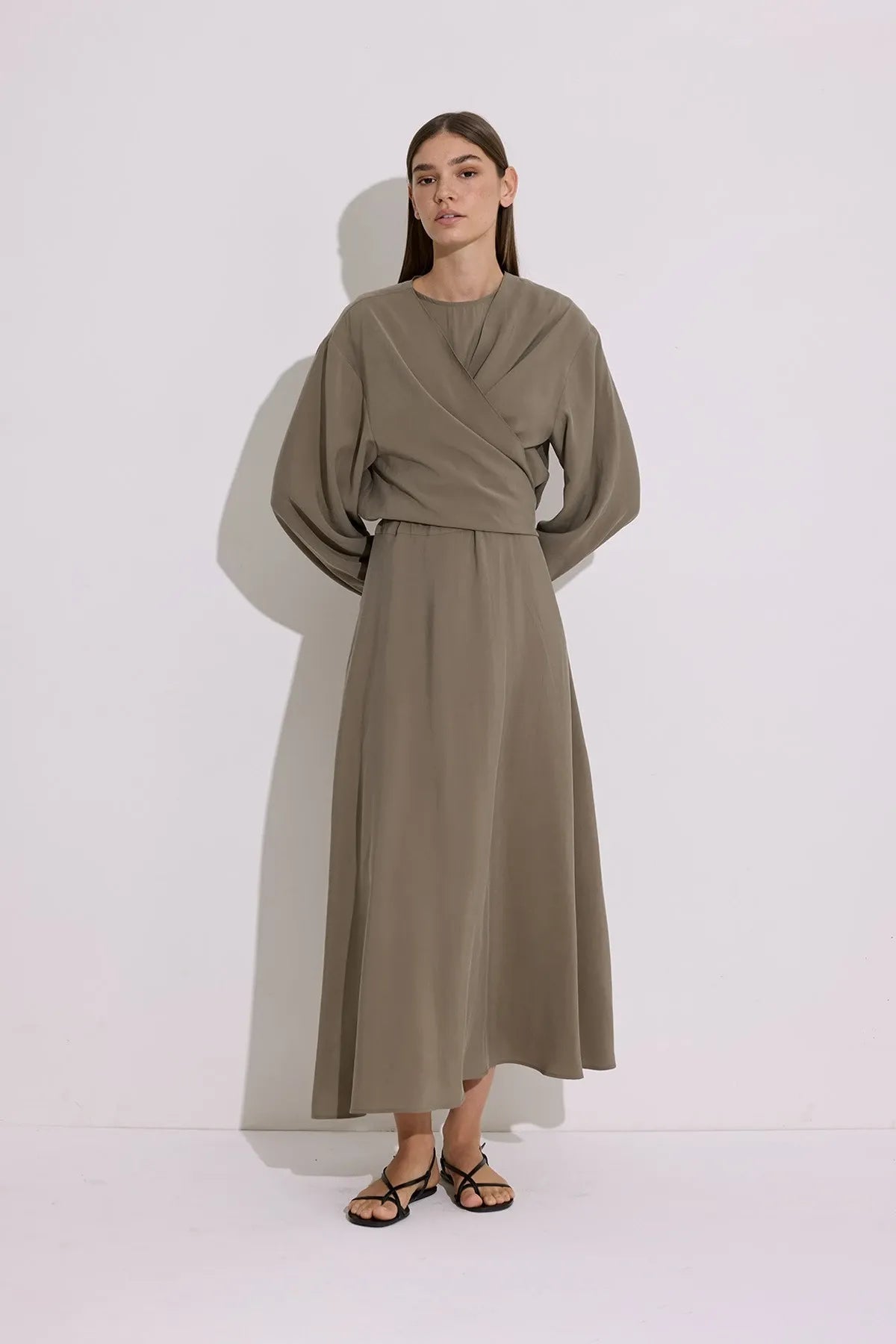 Elegant Draped Modal Wrap Dress – Khaki