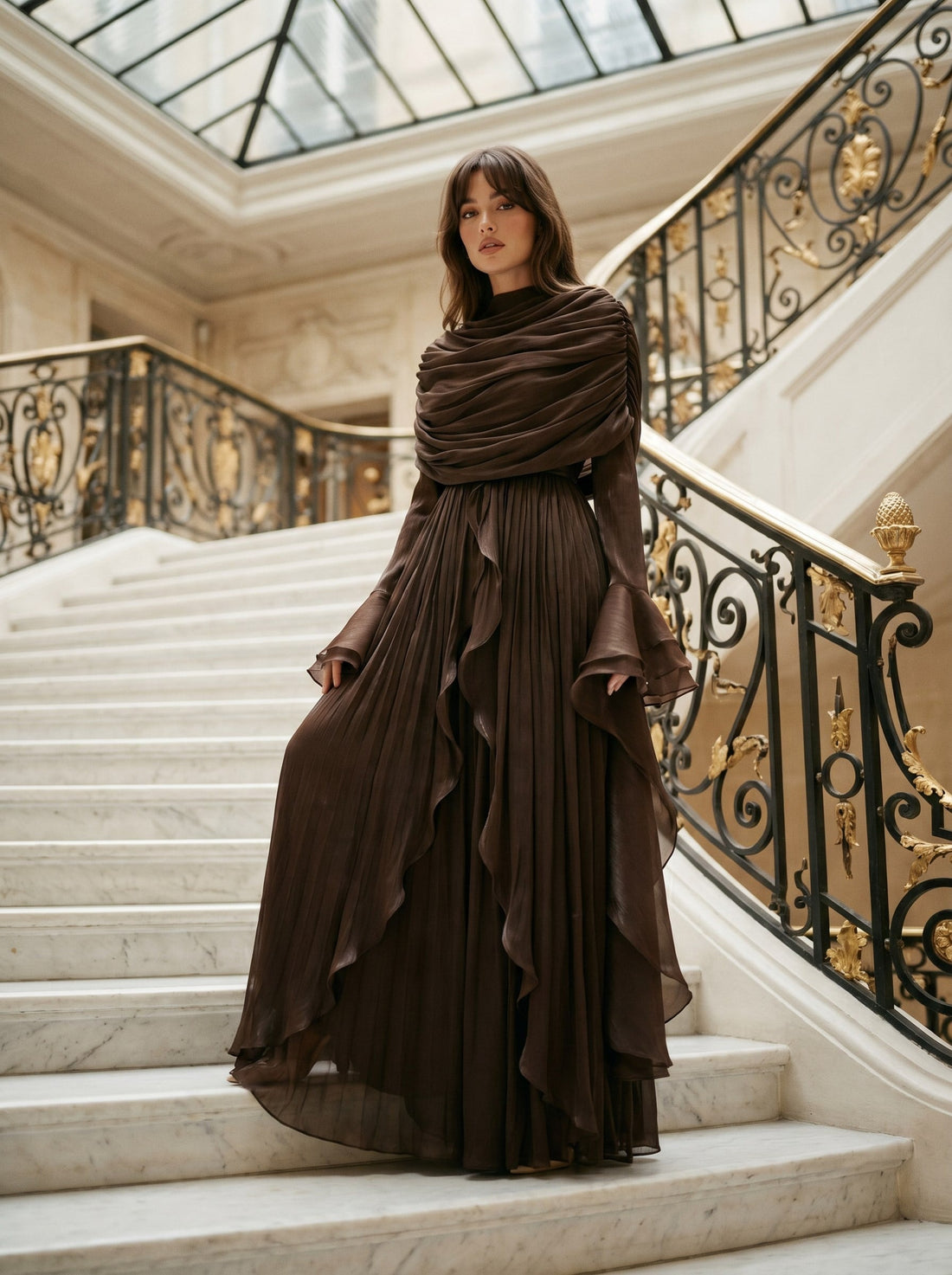 Brown Chiffon Modest Evening Gown